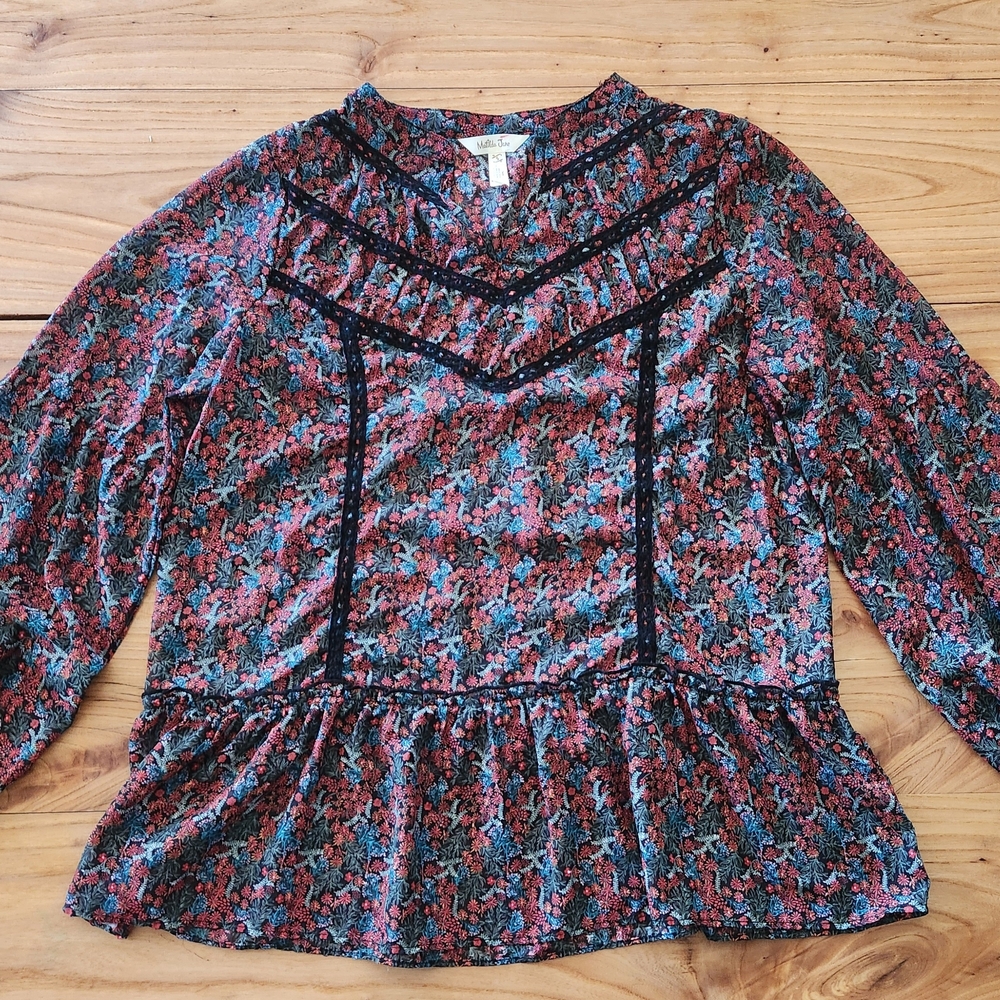 Matilda Jane Sheer Floral Swiss Dot Peplum Blouse - S